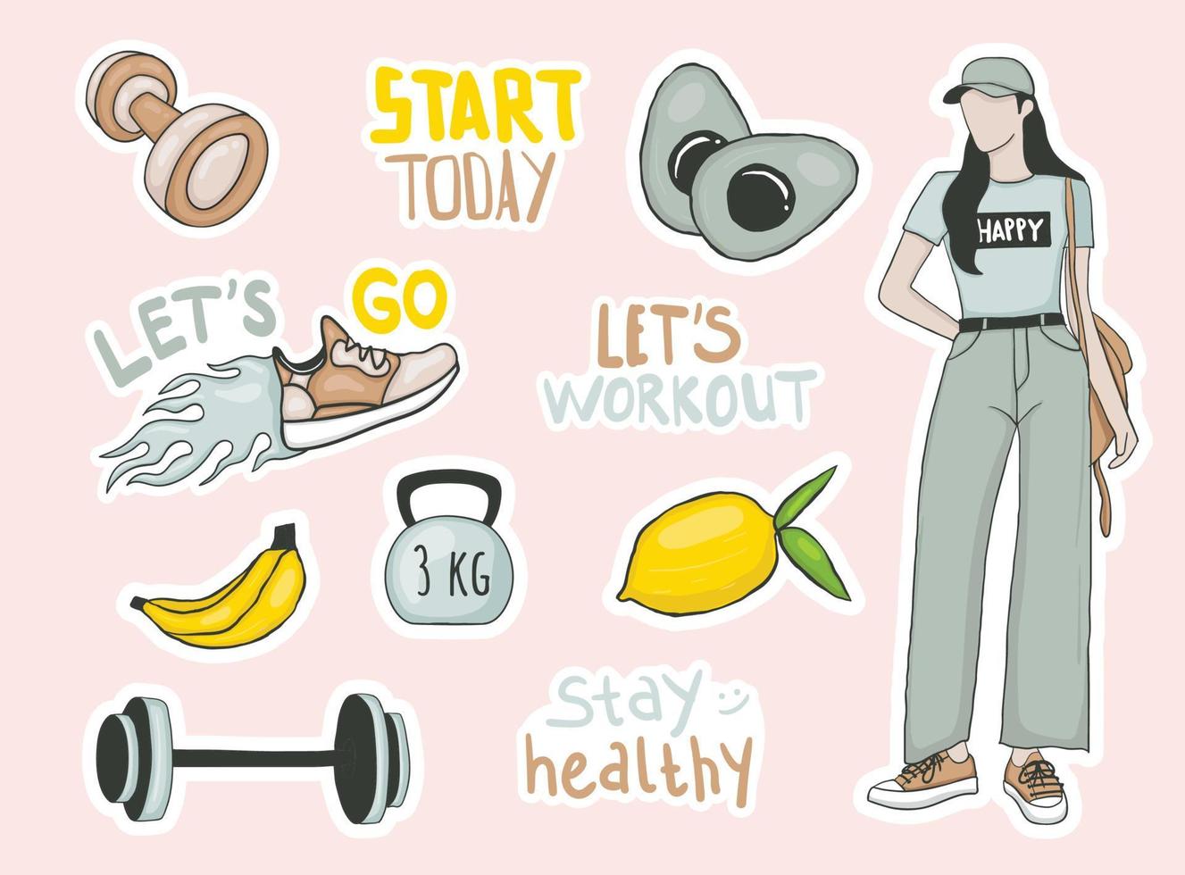 Colorful Hand drawn Diet theme stickers collection vector