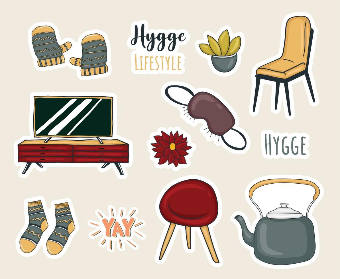 Colorful Hand drawn hygge stickers collection vector