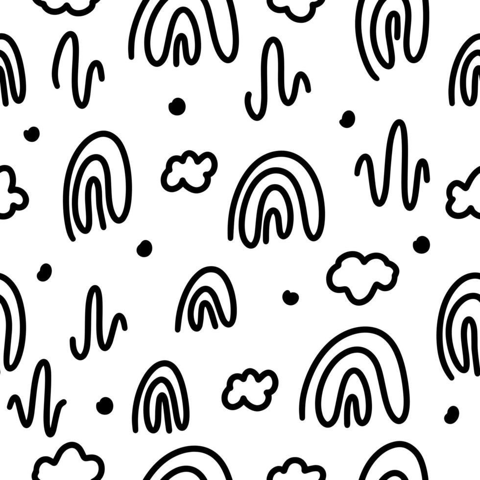 Abstract seamless pattern of geometric shapes from a rainbow, clouds, and scribbles in black on a white background. Geometric wave with hand drawn round spiral shape made by brush circles background vector