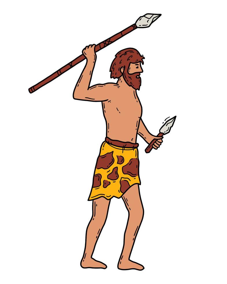 neanderthal, hombre de las cavernas con una lanza, ilustración vectorial en estilo de boceto de garabato. un cazador primitivo de la edad de piedra con pieles de animales. vector