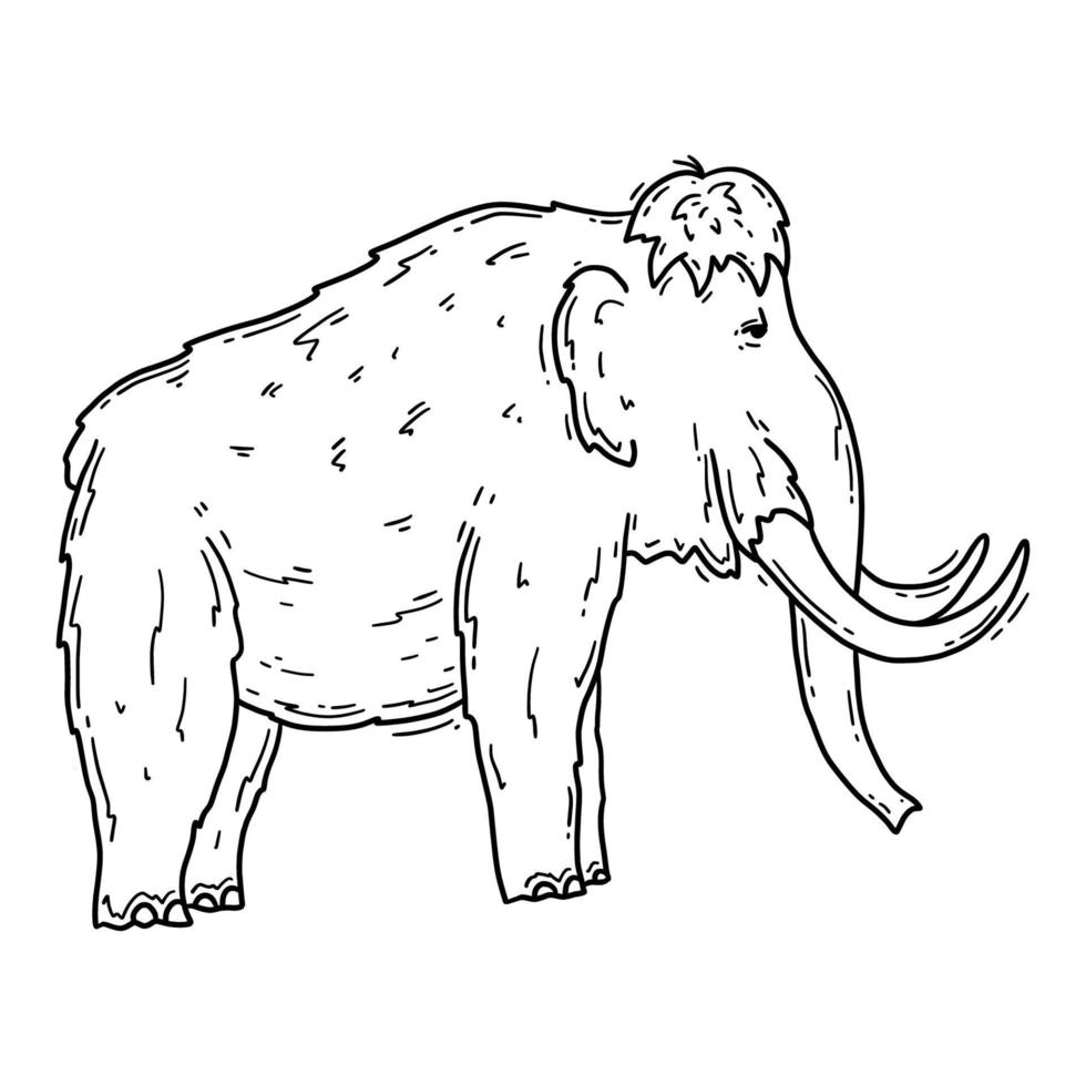 Mammoth prehistoric animal, elephant in the Stone Age vector linear illustration in doodle sketch style.