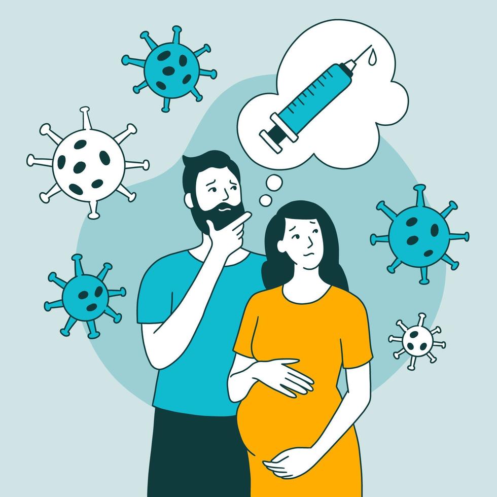 A pregnant woman and a man are thinking about vaccination. Doubts about the injection. The effect of the drug on pregnancy. Vector illustration in cartoon doodle style in blue. Medical concept