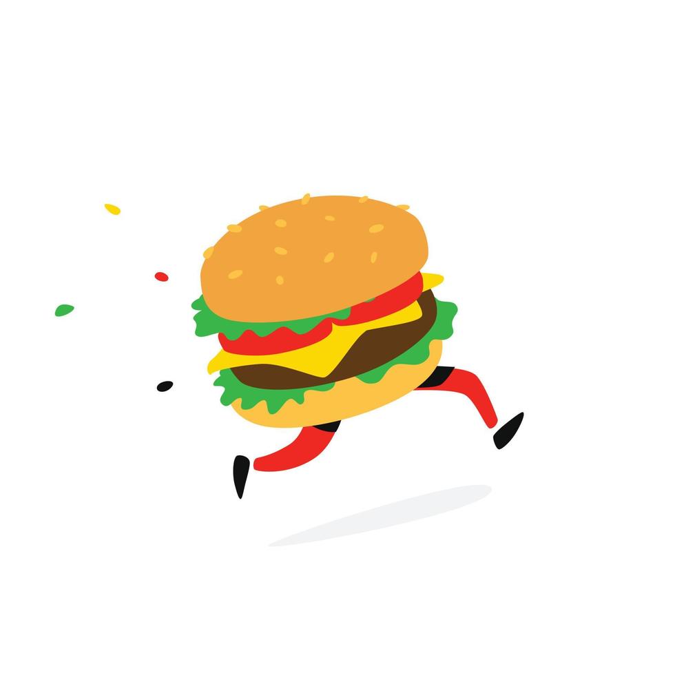 icono corriendo hamburguesa. vector. logotipo para comida rápida y entrega de alimentos. divertida ilustración de un sándwich con una chuleta. placa de dibujos animados, emblema de la empresa. pegatina y mascota para el sitio de la tienda. vector