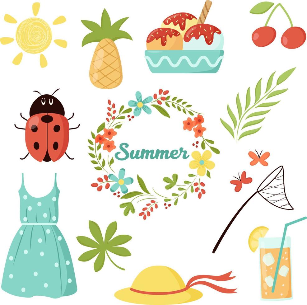 Vector summer set. Dress, flowers, fruits