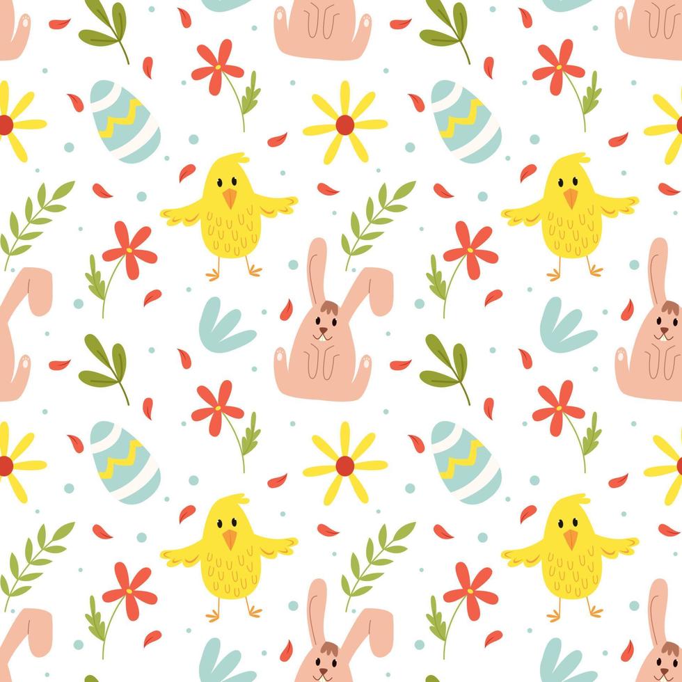 Vector seamless Easter pattern with bunny, chicken, easter egg and flowers on a white background. Spring