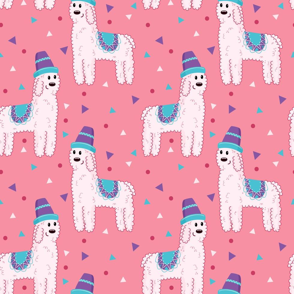 Pattern with white curly dog in a hat on a pink background vector