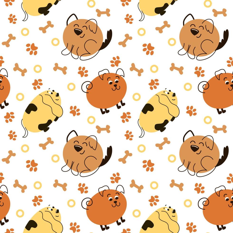 pattern with dogs of different colors, bones and paws vector