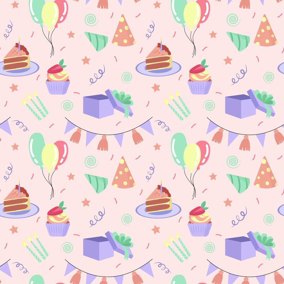 Vector birthday seamless pattern. Gift, balloons, cake, garland