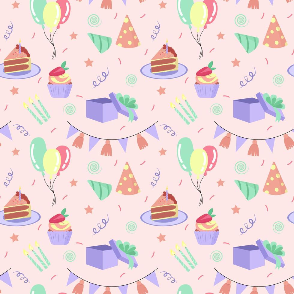 Vector birthday seamless pattern. Gift, balloons, cake, garland