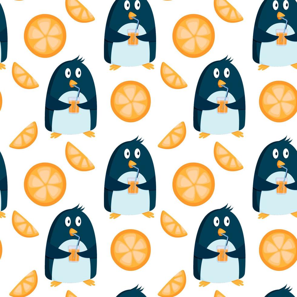 patrón con pingüino y naranjas sobre un fondo azul vector