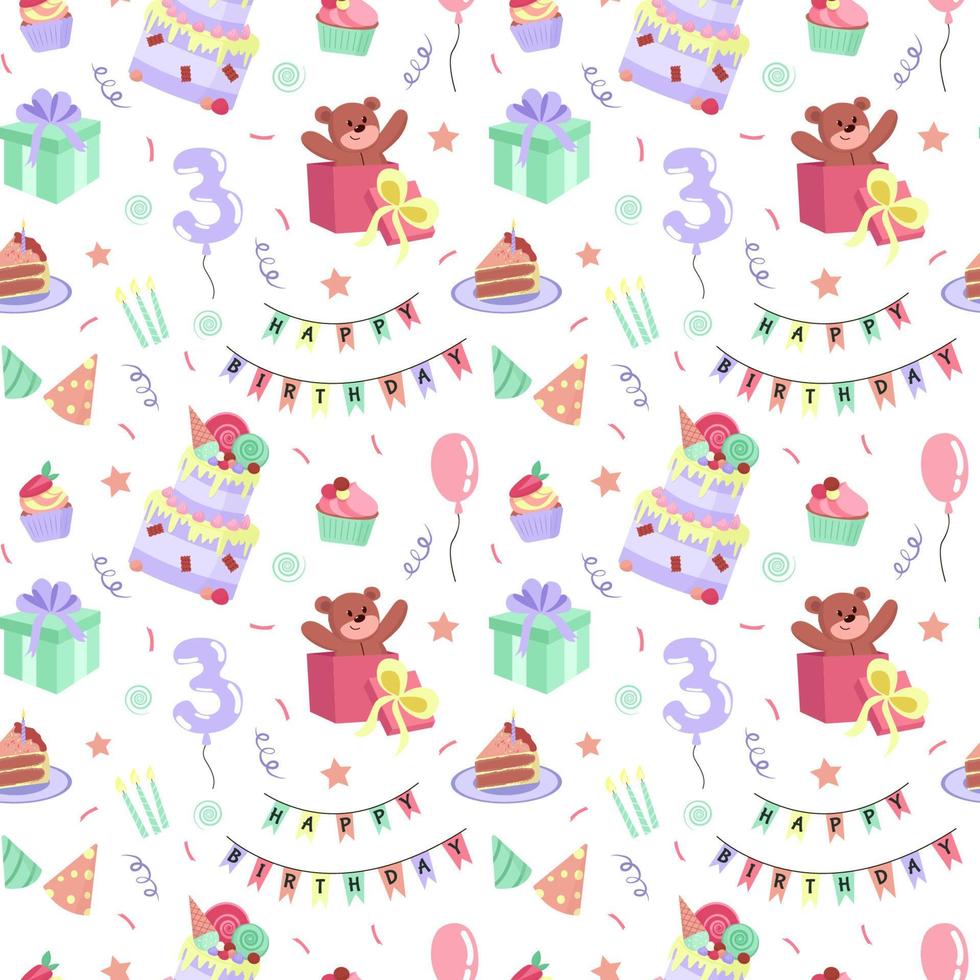 Vector birthday seamless pattern. Cake, cupcakes, candles, balls, gifts