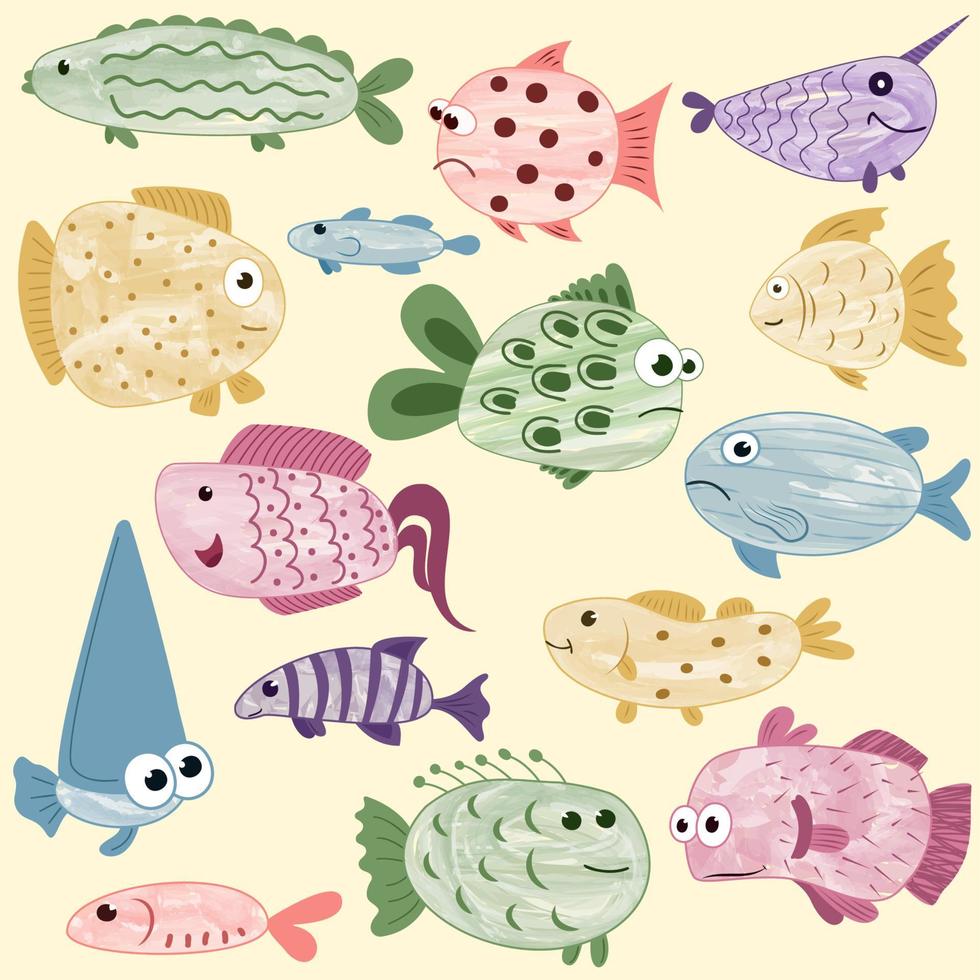 Set with colorful fish on a yellow background vector