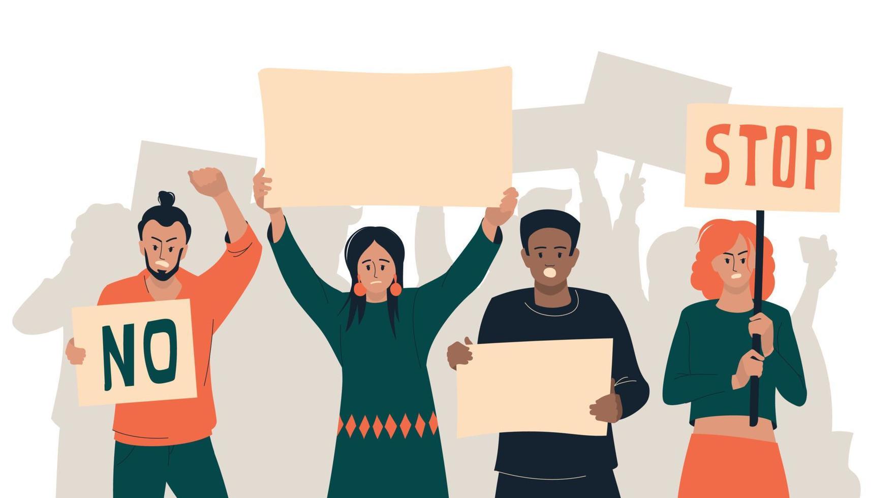 Protest. People with posters express their opinion. Men and women at the rally. Vector image.