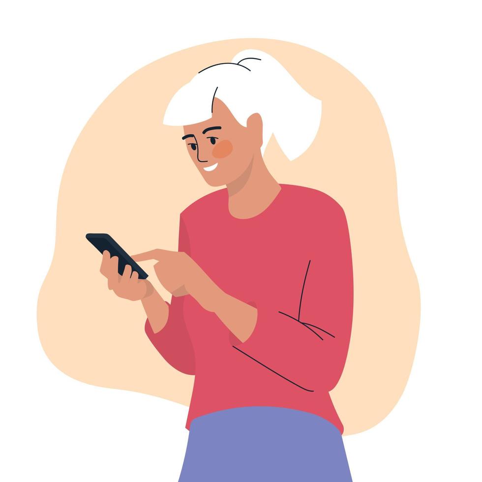 personas con teléfono. una mujer está escribiendo un mensaje en el teléfono. la chica tiene un teléfono inteligente en sus manos. imagen vectorial vector