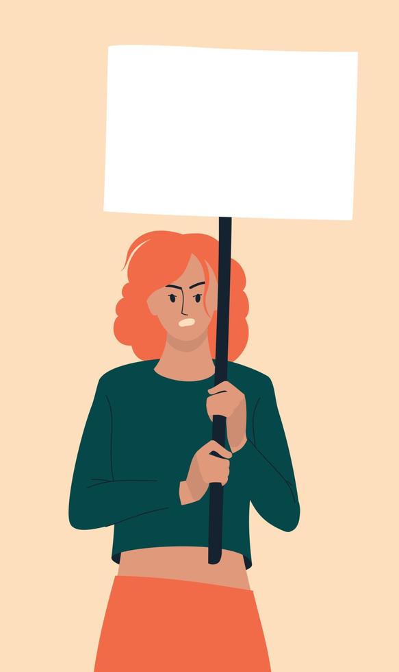 Protest. A woman with a poster expresses her opinion. People at the rally. Vector image.