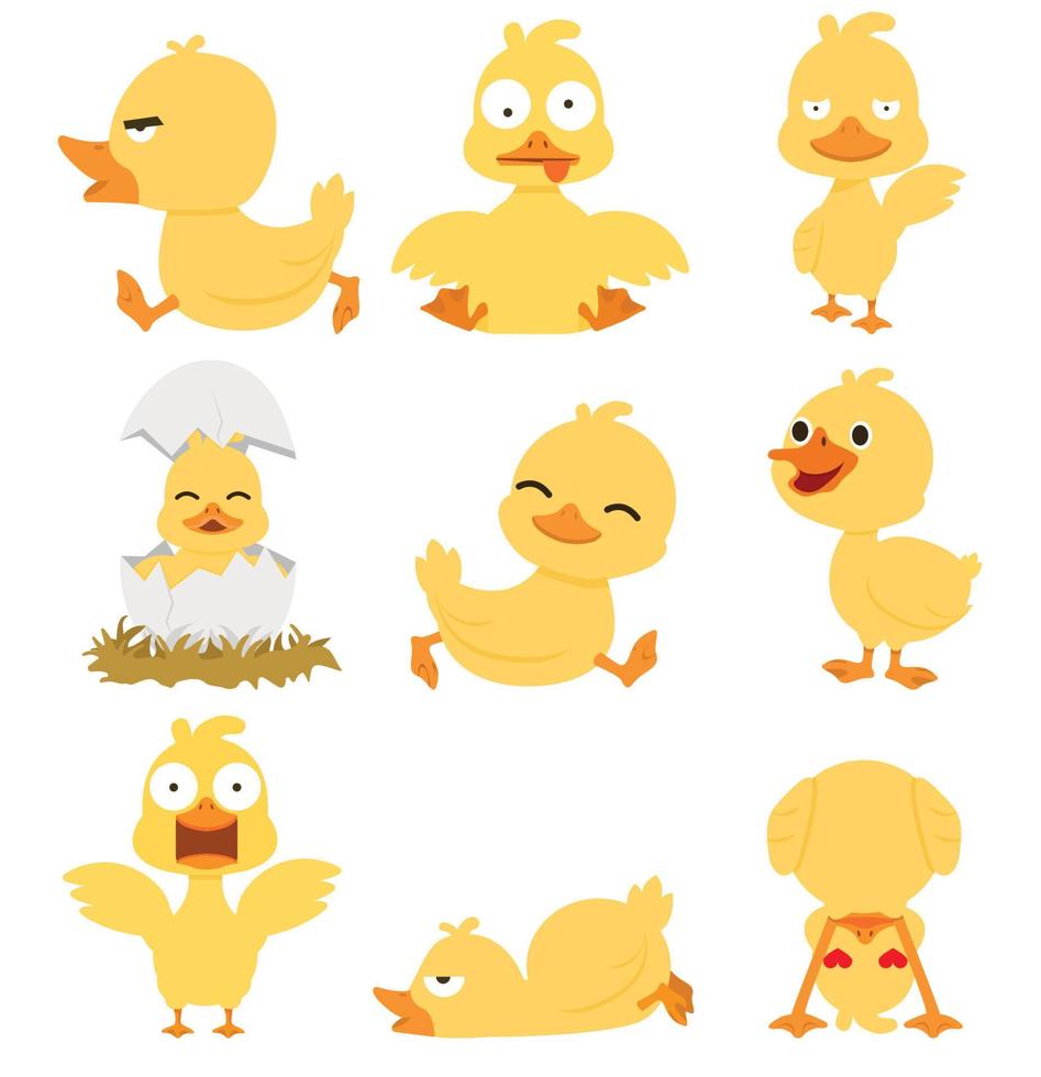 linda colección de dibujos animados de pato amarillo vector