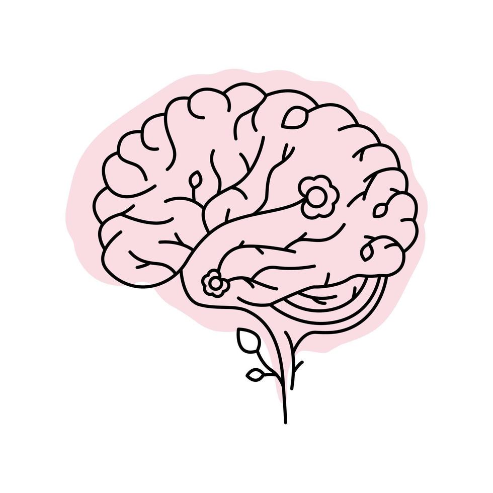 salud mental. icono de la línea del cerebro humano en flor. concepto mental. amor vida nueva página. ilustración vectorial vector