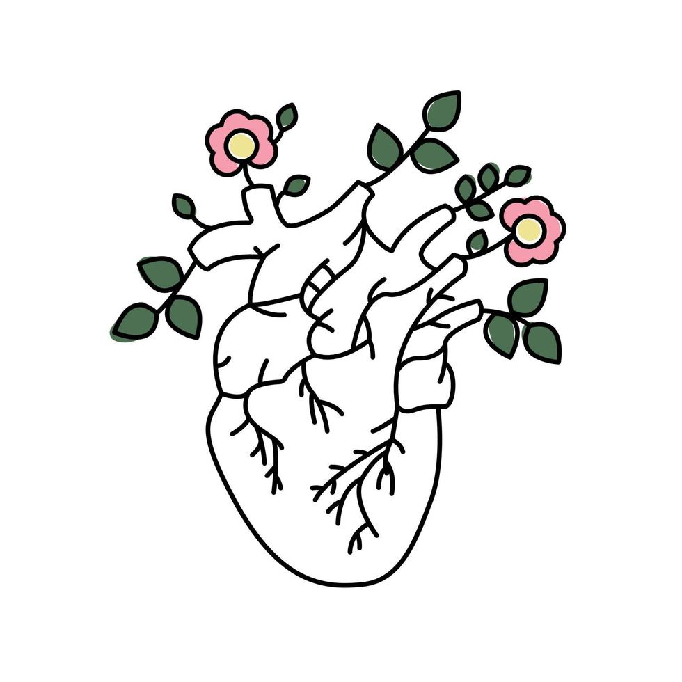 Mental health. Blooming human heart  icon.  Mind concept. Love Life New Page. Vector illustration