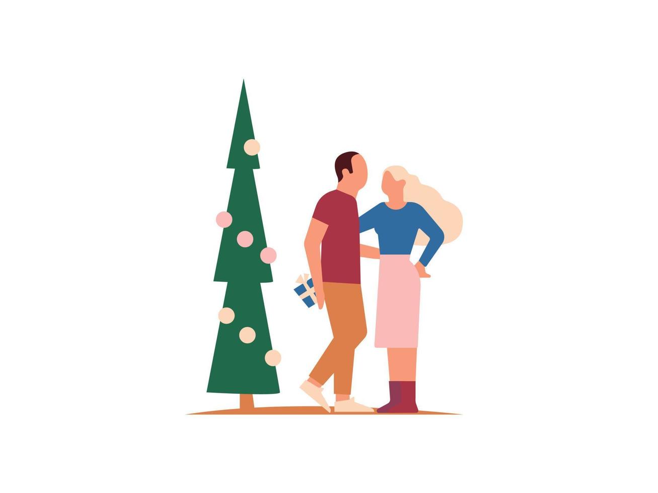 Merry Christmas Holiday Party. Happy Man Presenting Gift to Woman.  Loving Couple celebrate New Year, Eve Xmas. Vector Illustration