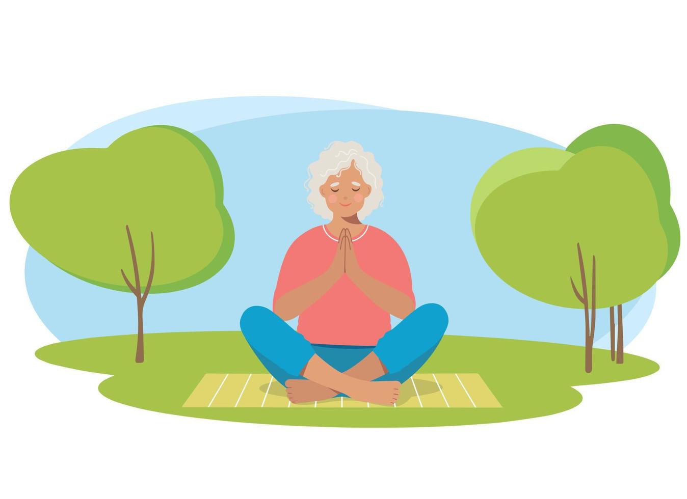 Senior woman meditating and exercising yoga lotus position in nature vector