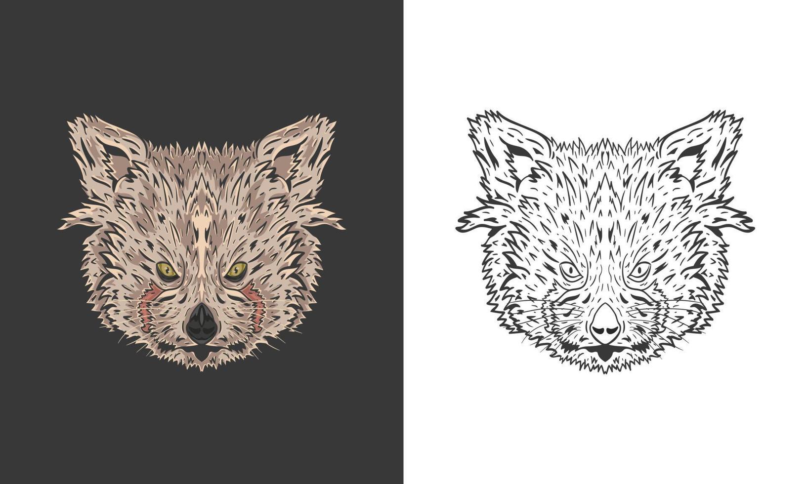 Illustration of red panda's head. Hand-drawn  of a red panda on a black background. Red panda's head outline black and white vector