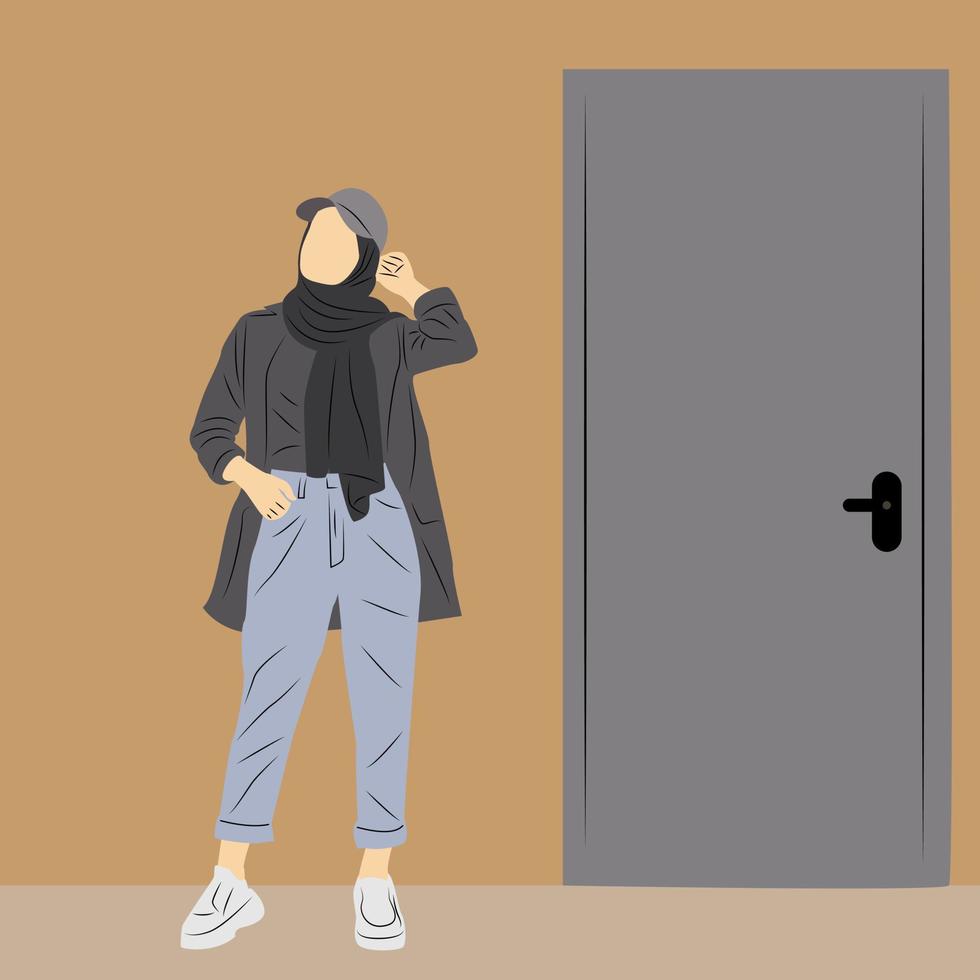 modelo vectorial de moda hijab de moda con fondo de puerta vector