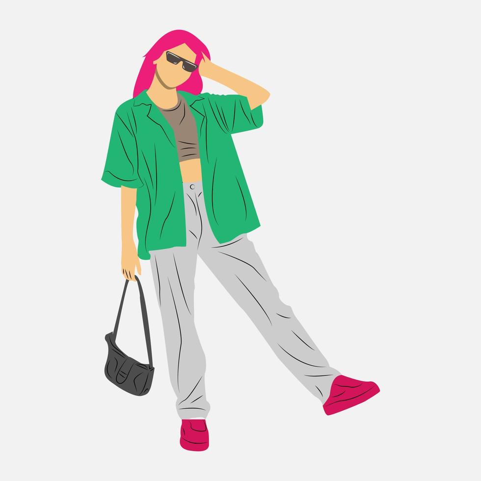 chica modelo de moda de ropa de calle. ilustración vectorial plana aislada sobre fondo blanco. vector