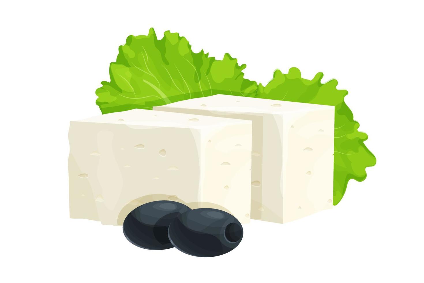 Feta cheese pieces decorated with black olives and lettuce leaves in cartoon style isolated on white background. Dairy product, ingredient. Vector illustration