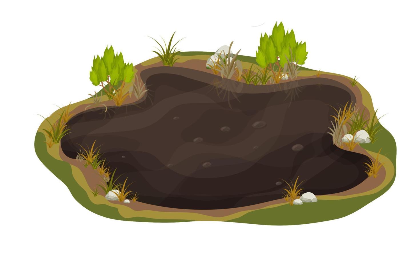 charco de barro sucio, pantano con piedra, hierba en estilo de dibujos animados aislado sobre fondo blanco. suelo húmedo natural, estanque de bosque, imágenes prediseñadas de lago. . ilustración vectorial vector