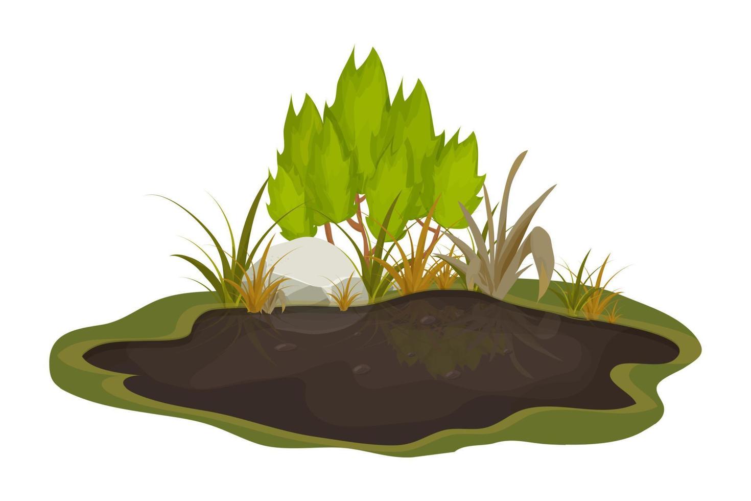 Dirty mud puddle, swamp with stone, grass in cartoon style isolated on white background. Natural wet soil, forest pond, lake clip art. . Vector illustration