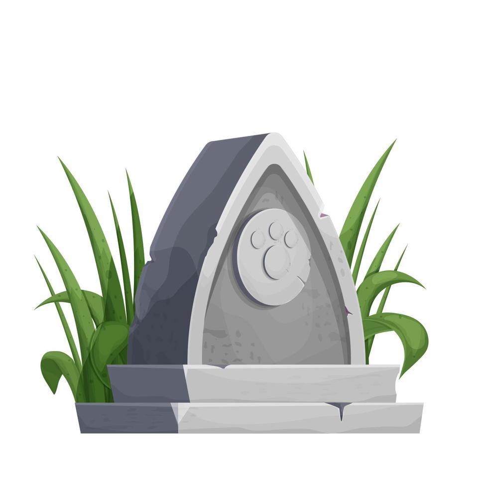 Pet gravestone, animal funeral with foot print decorated with grass in cartoon style isolated on white background. . Vector illustration