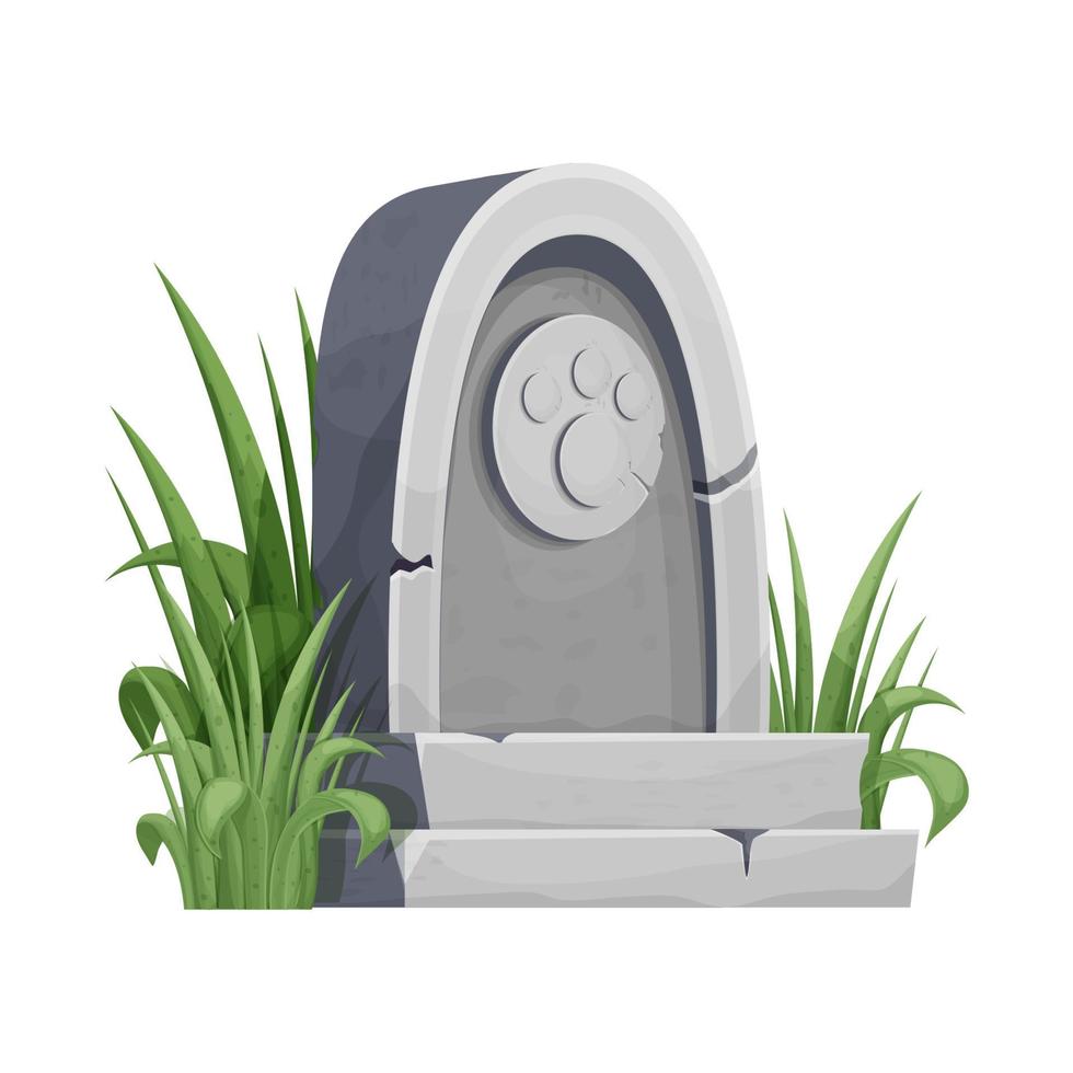 Pet gravestone, animal funeral with foot print decorated with grass in cartoon style isolated on white background. . Vector illustration