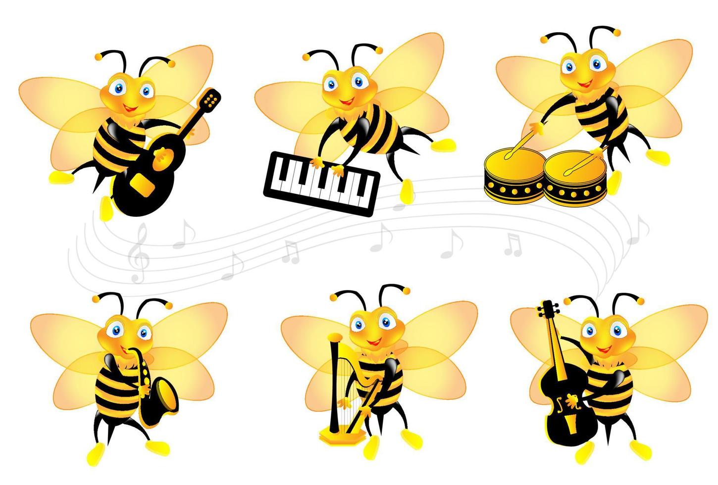 dibujos animados de abeja de miel con instrumento musical vector