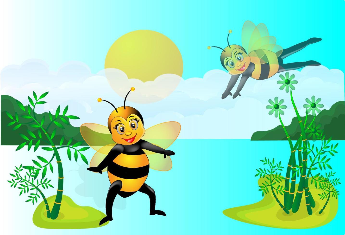 honey bee cartoon illustration with natural scenery vector