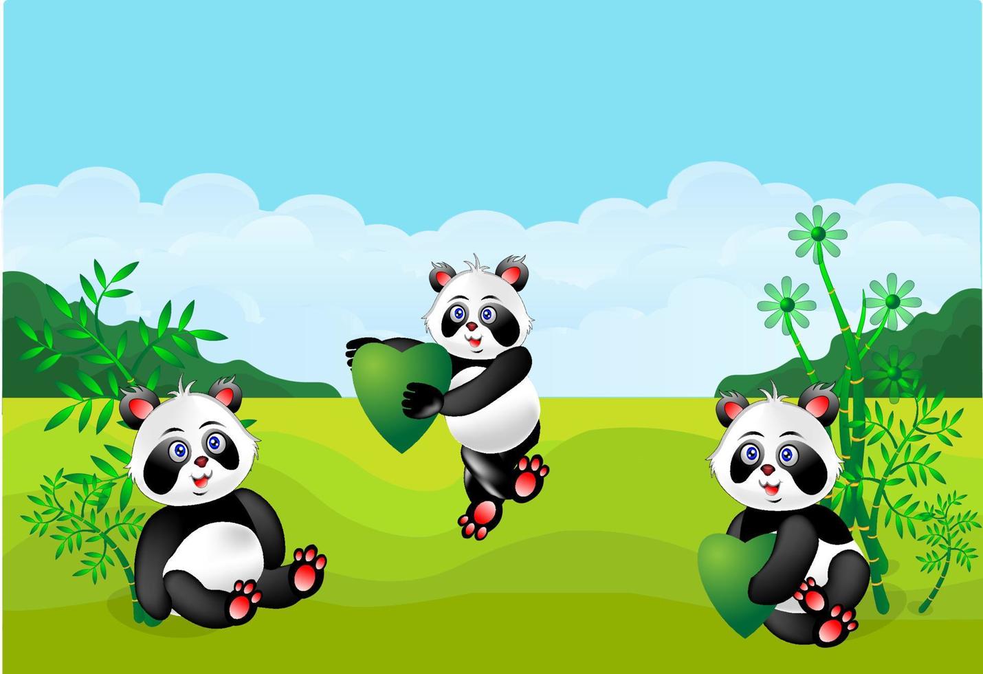 Cartoon panda playing on green hill background vector