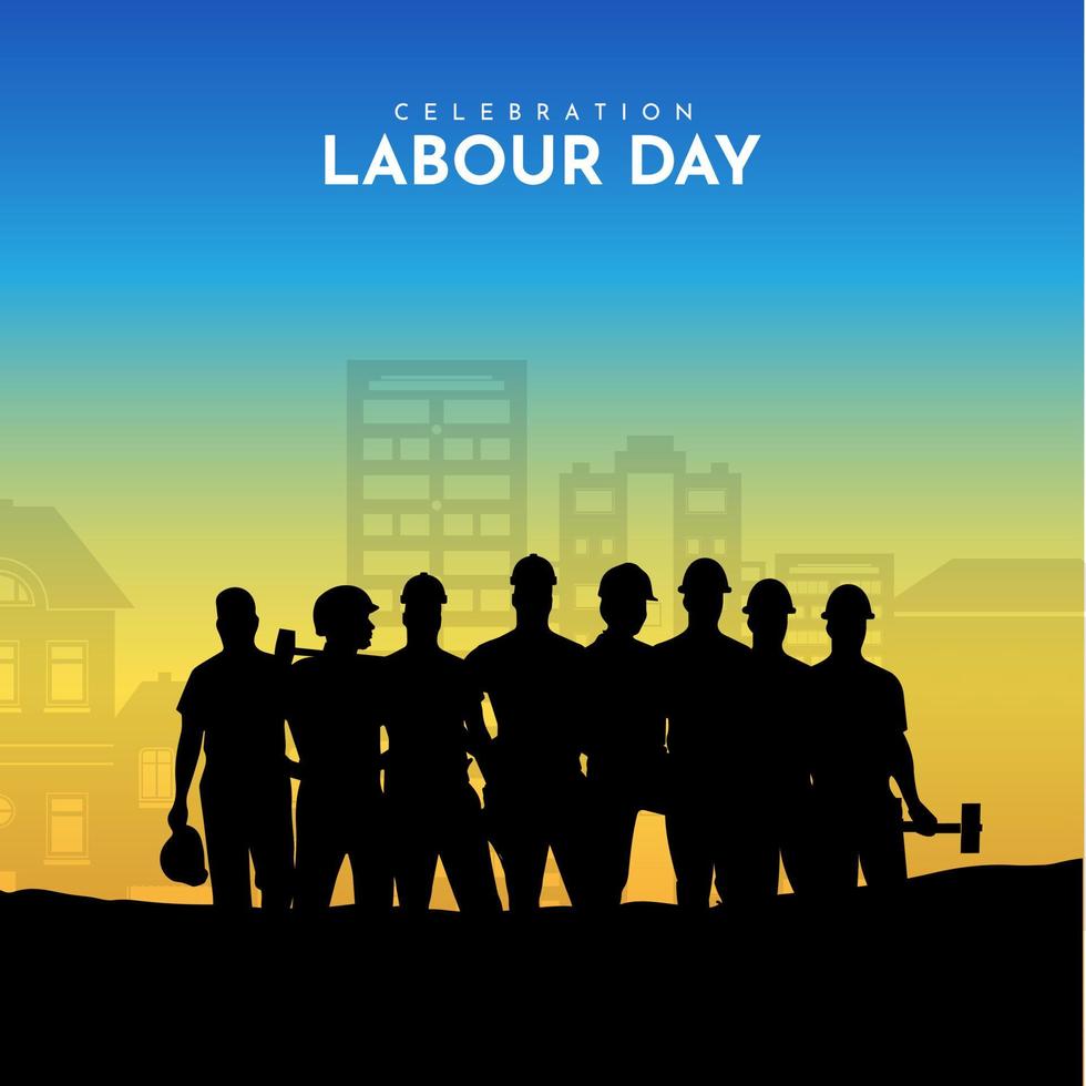 Happy labour day design concept with silhouette of workers. International Labor Day isolated on blue sky. vector