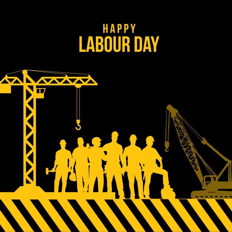 fondo del día internacional del trabajo con silueta de grúa torre y maquinaria pesada. vector de feliz día del trabajo con silueta de trabajadores y bajo signo de construcción.