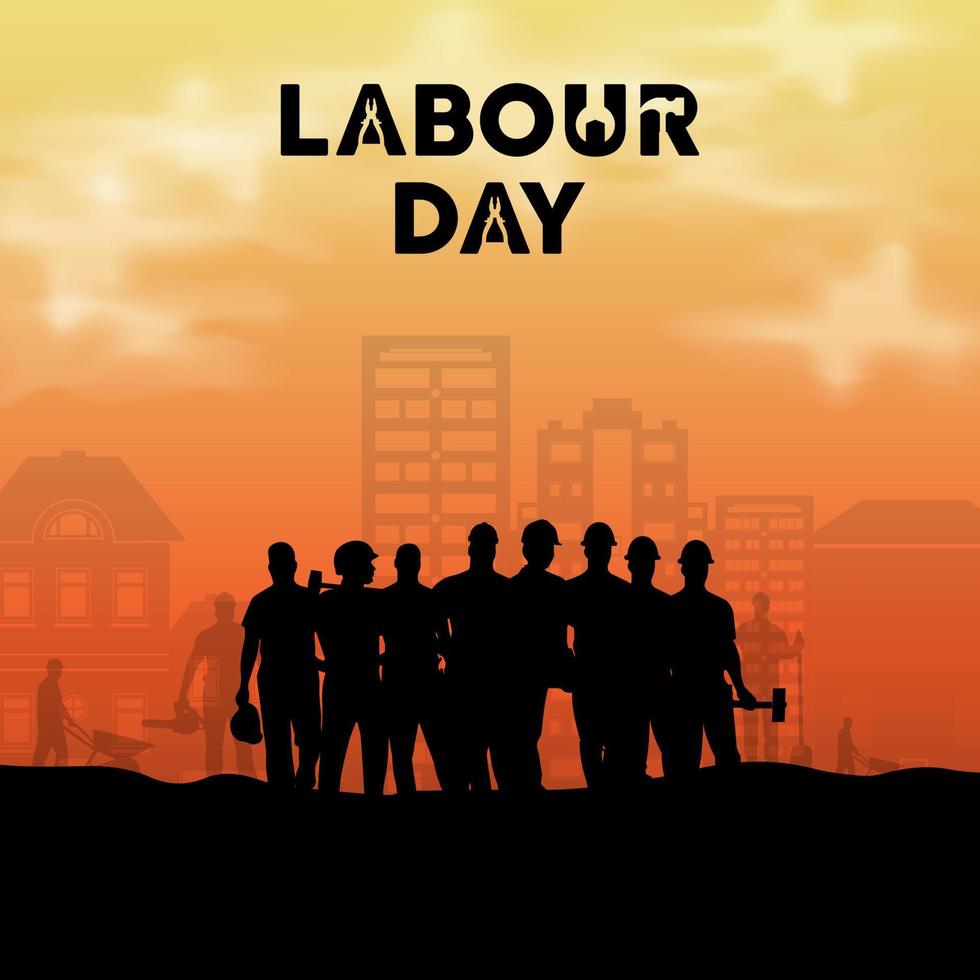 celebración del día internacional de los trabajadores con fondo de puesta de sol. feliz fondo del día del trabajo con la silueta de los trabajadores. vector