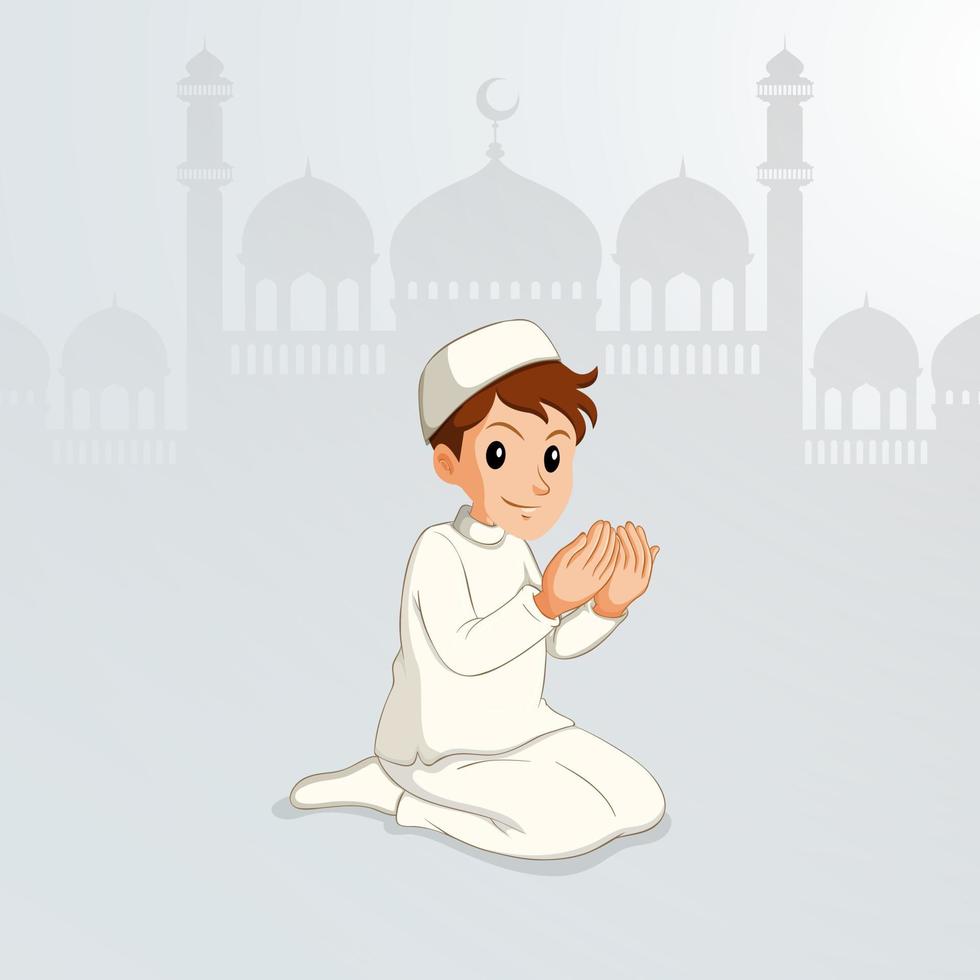 Cartoon Muslim Man Praying. Muslim Man Praying On His Knees cartoon.  Islam religion follower in traditional clothes and pray hat sitting on his knees and praying with hands in position. vector