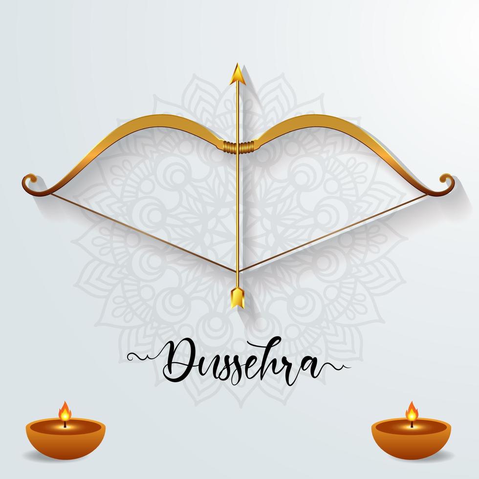 Happy dussehra festival design with mandala, bow, arrow and candle. Flat design happy dussehra background vector