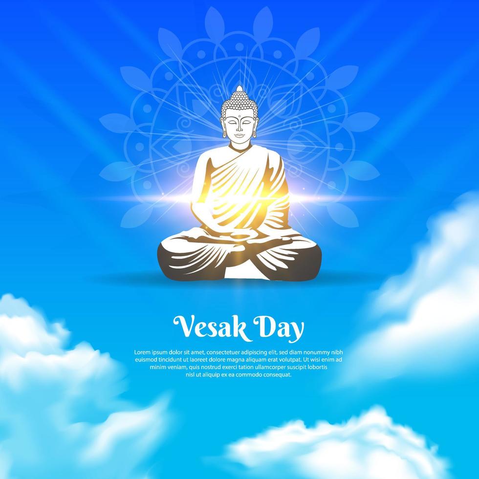 Celebration Vesak Day background with shiny Lord Buddha silhouette and lotus on blue sky. Vesak day background vector