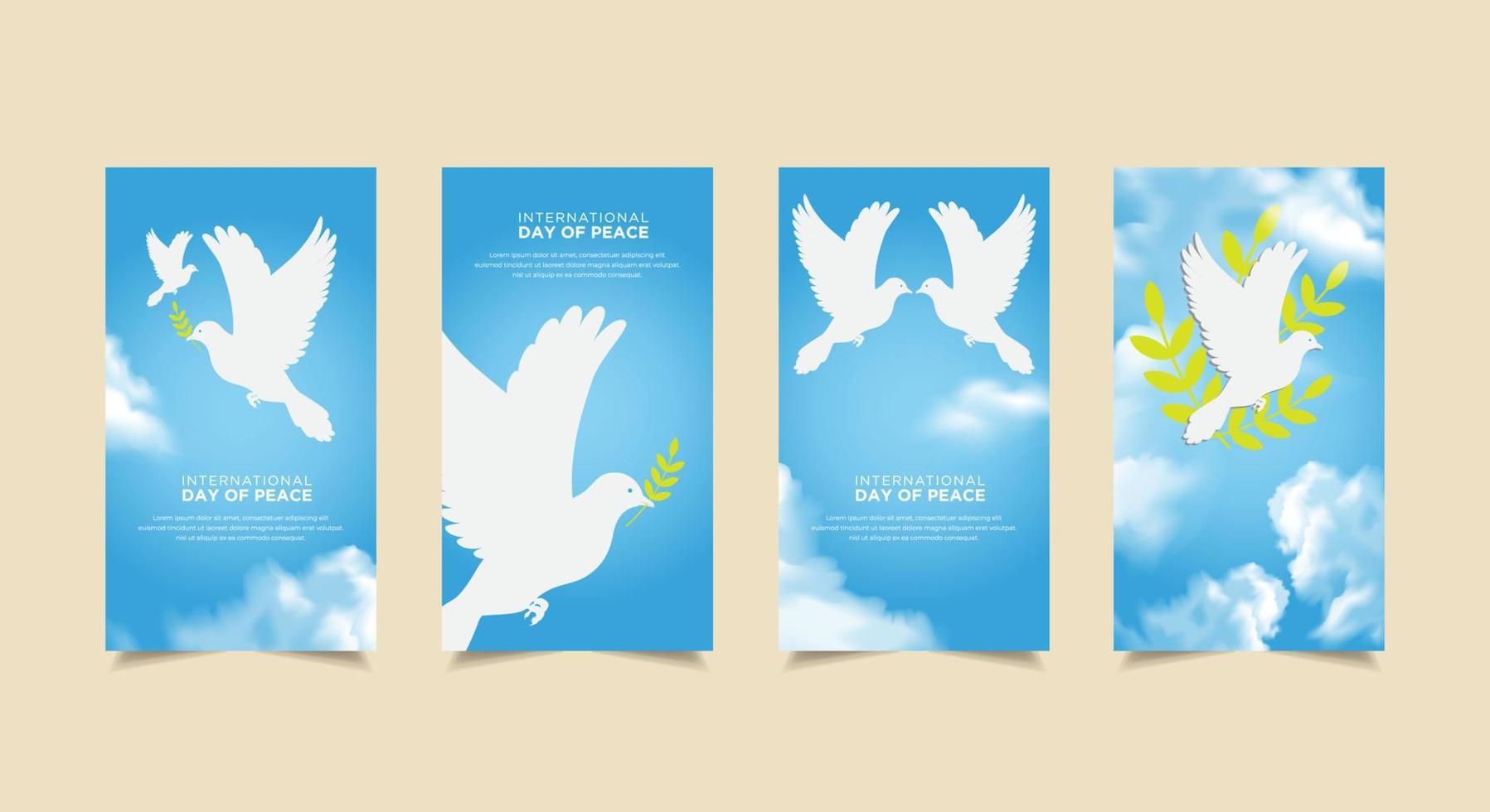 Elegant International Day of Peace background with flying dove, realistic cloud and leaf stalk. International Day of Peace design Stories Collection. Peace day template stories suitable for promotion vector