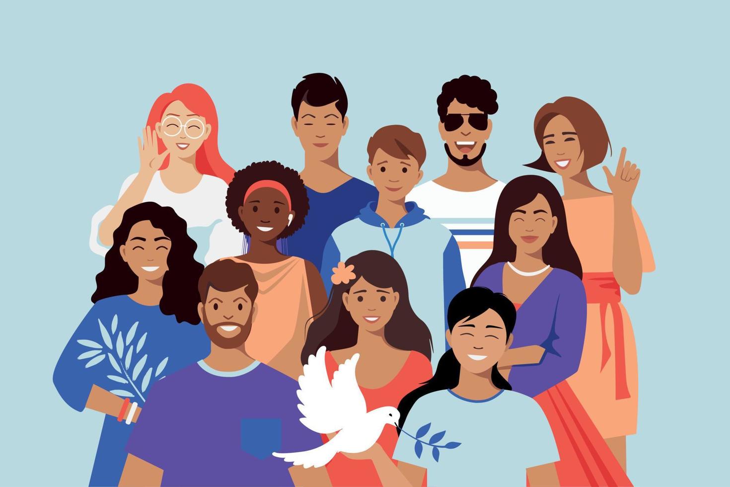 equipo multicultural, amigos. la paloma es un símbolo de paz. unidad en la diversidad. personas de diferentes nacionalidades. sociedad multinacional. vector