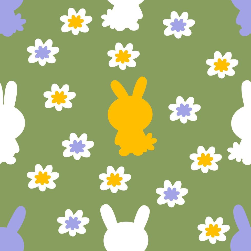 Hand drawn Easter seamless pattern with bunnies silhouette and flowers. vector