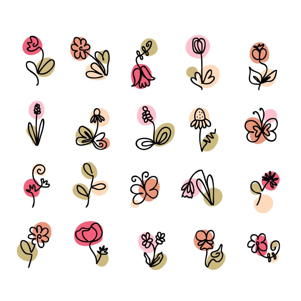 iconos de garabatos de flores en estilo de arte de línea sobre fondo blanco. vector