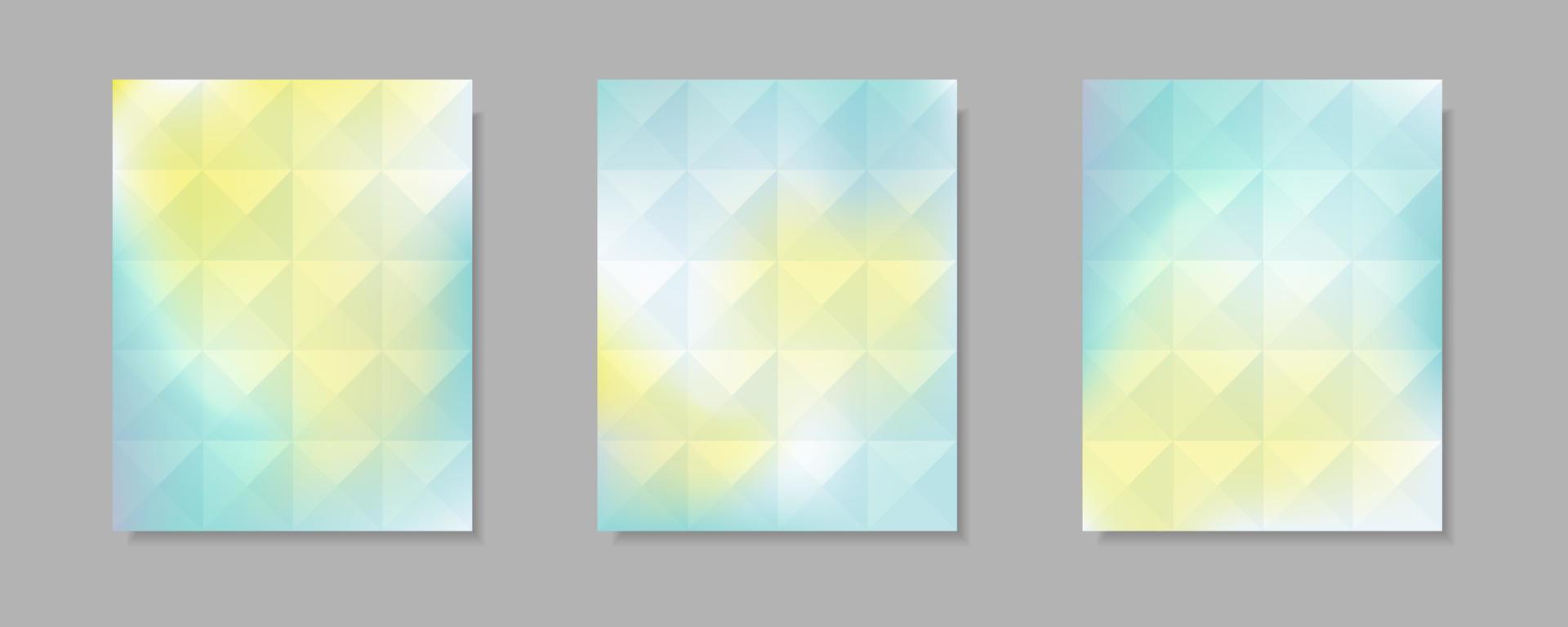 colección de fondos abstractos de portada de vector degradado azul, blanco y amarillo. diseño de patrón de triángulo con estilo de forma de cristal para fondo de folleto comercial, póster y diseño gráfico.