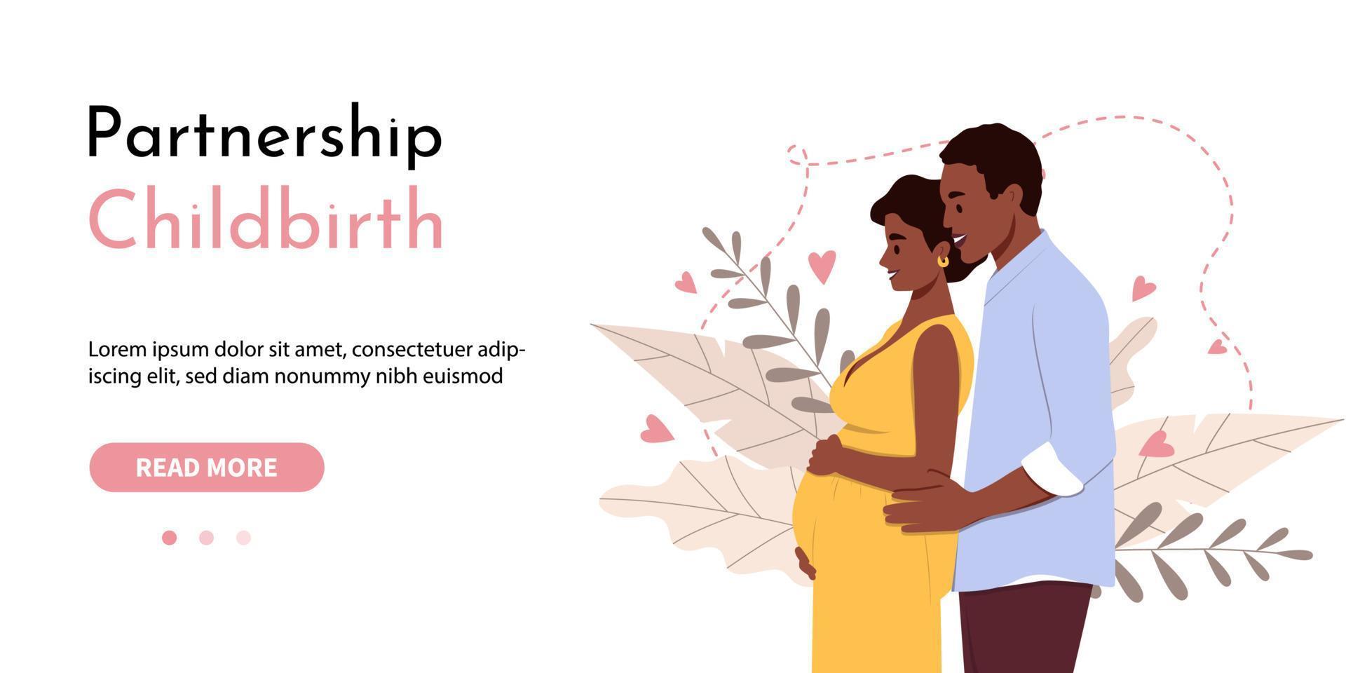 Partnership childbirth vector banner. Woman and her husband waiting for the baby.