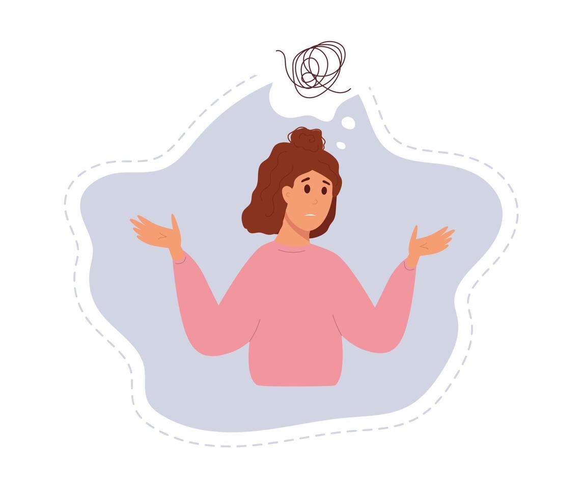 Woman with her confused thoughts. Mental health concept. Vector illustration