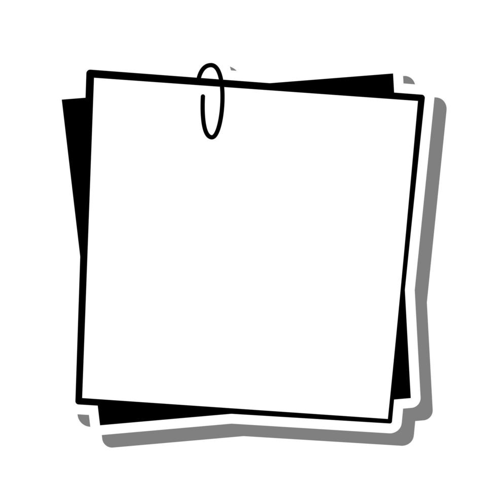 Monochrome Notepaper Frame with clip on white silhouette and gray shadow. Vector illustration for decorate logo, text, greeting cards and any design.