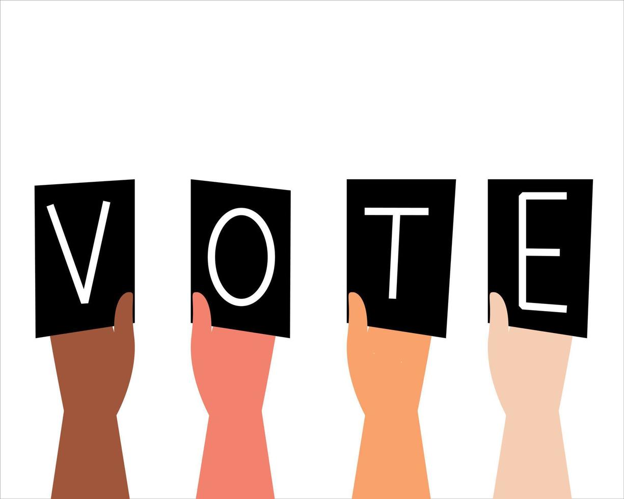 Cards with the word vote. Hands hold signs with letters vector
